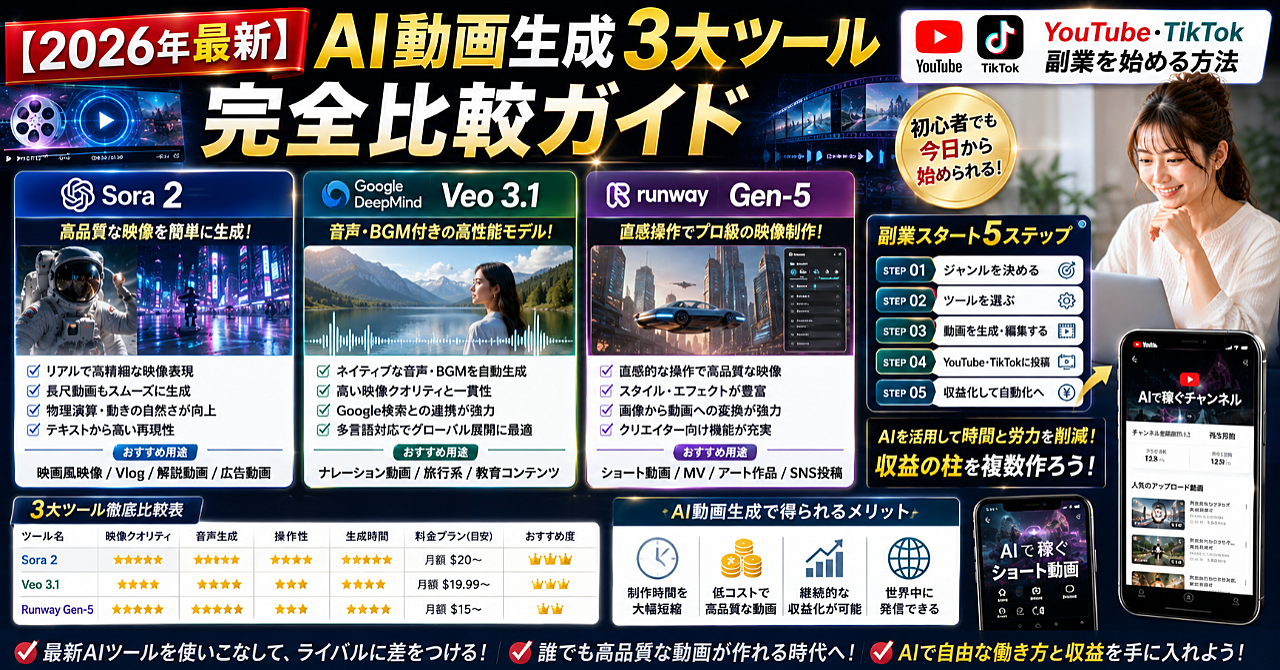 【2026年最新】AI動画生成3大ツール完全比較ガイド|Sora 2・Veo 3.1・Runway Gen-5でYouTube・TikTok副業を始める方法のアイキャッチ画像
