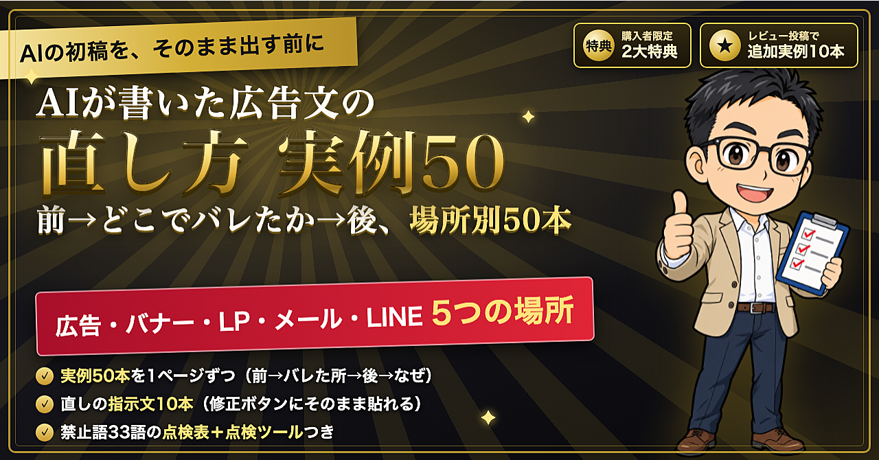 【AIの初稿を、そのまま出す前に】AIが書いた広告文の直し方 実例50|前→どこでバレたか→後+直しの指示文10本のアイキャッチ画像
