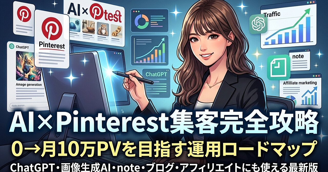 AI×Pinterest集客完全攻略
0→月10万PVを目指す運用ロードマップ
ChatGPT・画像生成AI・note・ブログ・アフィリエイトにも使える最新版