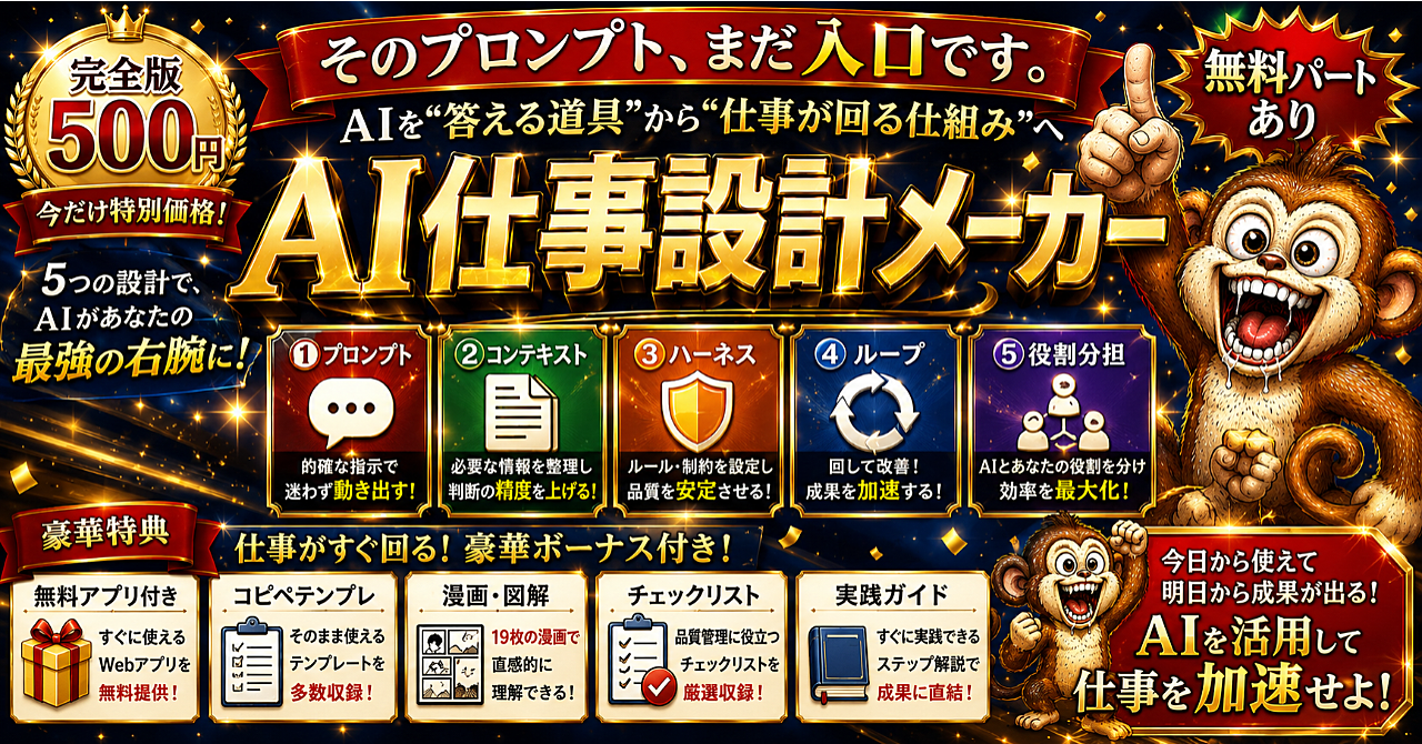 【AIに何度説明してもズレる原因】プロンプトの先にある「5つのAI仕事設計」|無料アプリ付き・完全版500円のアイキャッチ画像