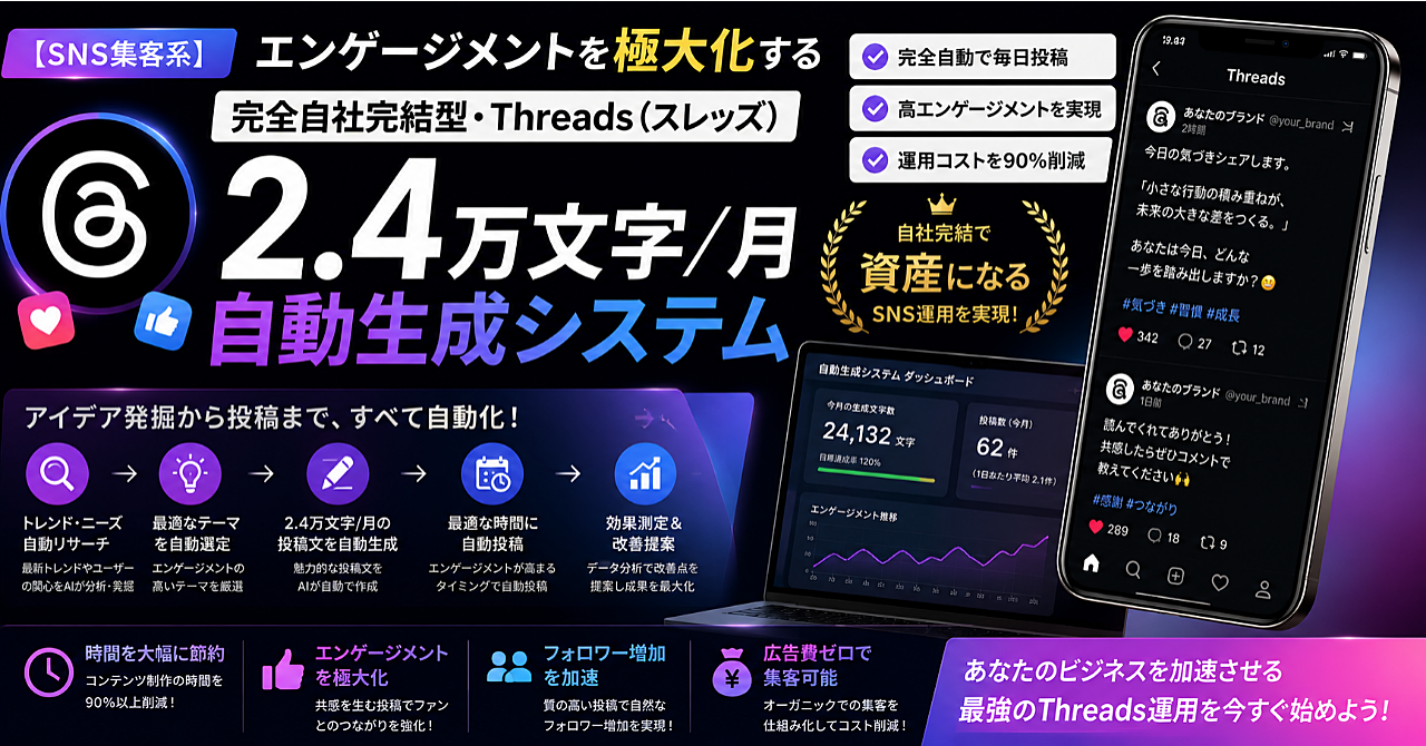 【SNS集客系プロンプト】エンゲージメントを極大化する「完全自社完結型・Threads（スレッズ）2.4万文字/月自動生成システム」