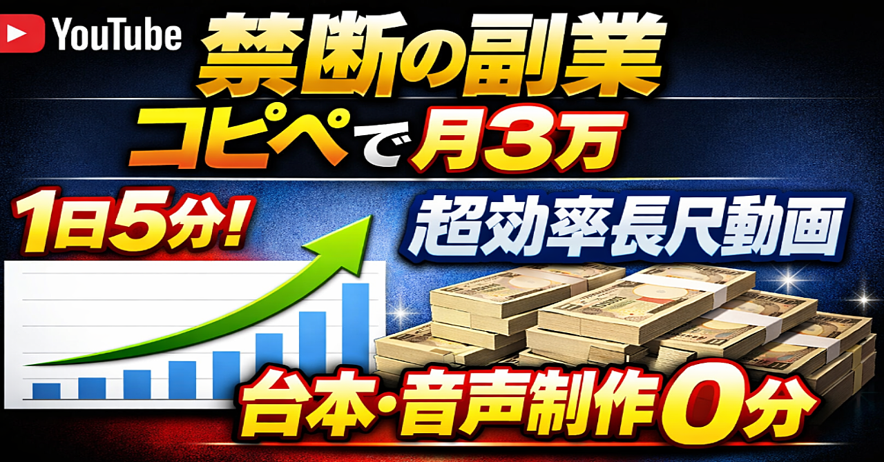 【禁断の副業】1日5分のコピペ作業で長尺YouTube収益「月3万円」を半自動で稼ぐ裏戦略