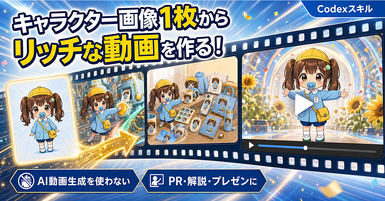 【キャラ画像1枚→完成MP4】ナレーション・BGM・SFXまで作るCodexスキル「1枚からリッチ動画」