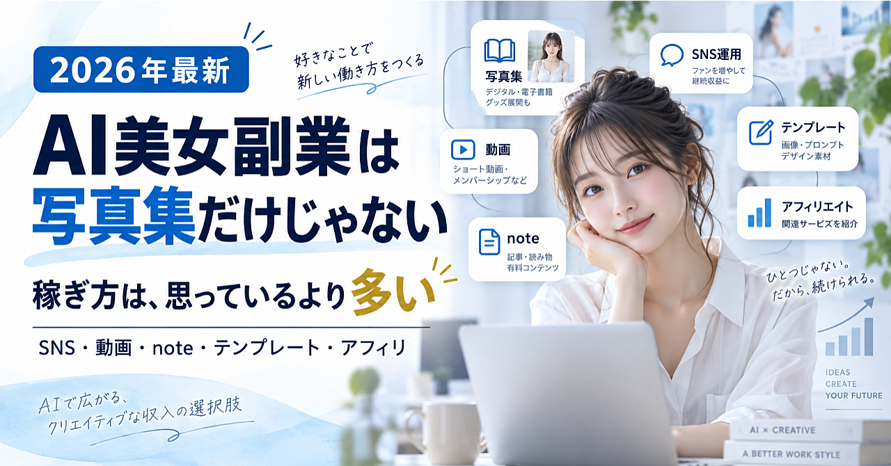 【2026年最新】AI美女副業、実は「写真集を売る」だけじゃない。稼ぎ方は思っているより多いのアイキャッチ画像
