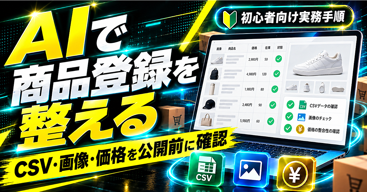 【AIでECの商品登録を整える】CSV・画像・価格を公開前に確かめる実務手順のアイキャッチ画像