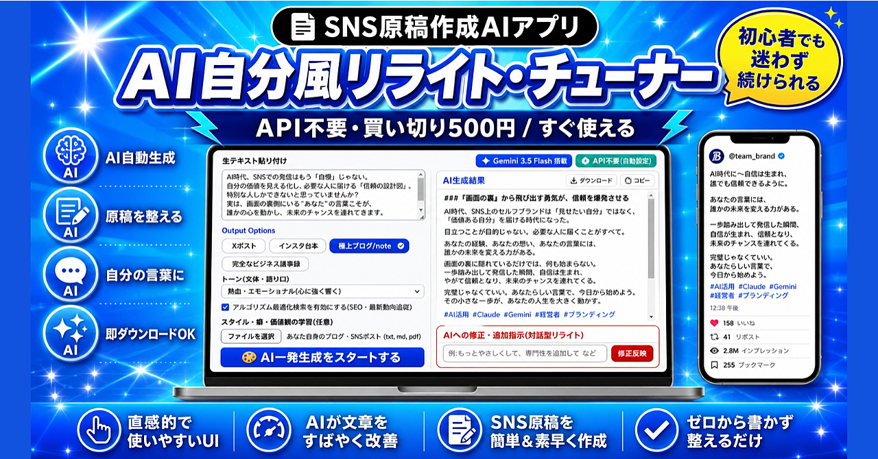 【SNS原稿作成AIアプリ：API不要・買い切り】
