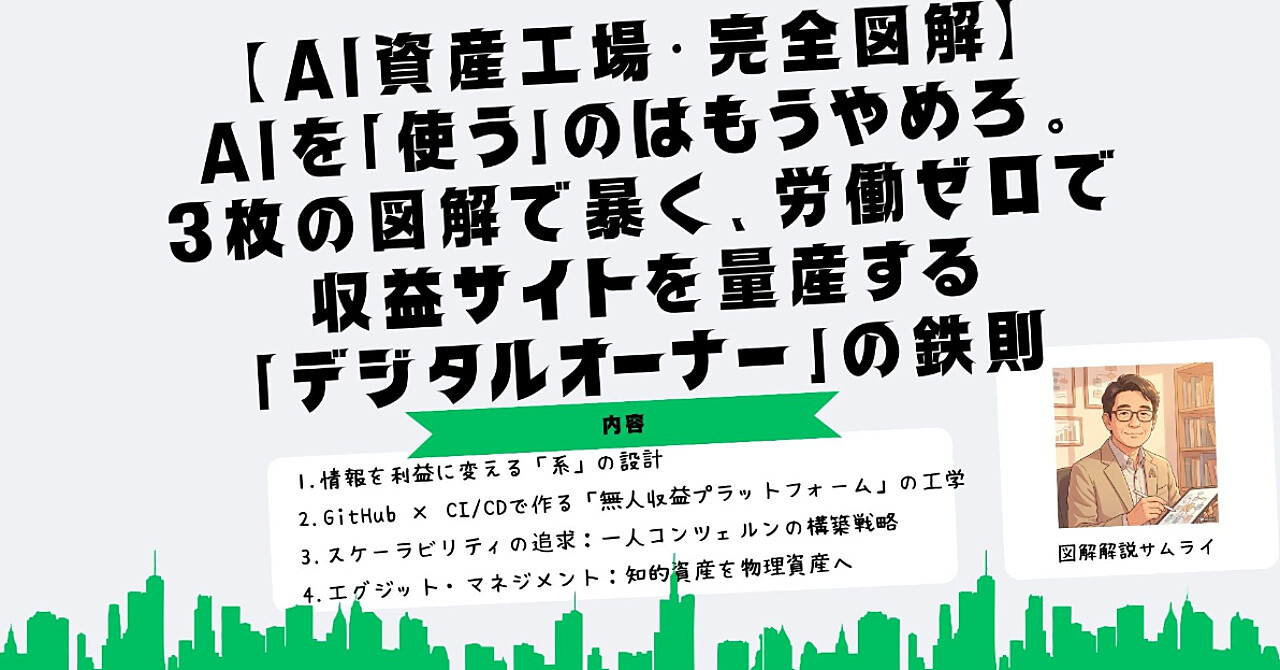 【AI資産工場・完全図解】AIを「使う」のはもうやめろ。3枚の図解で暴く、労働ゼロで収益サイトを量産する「デジタルオーナー」の鉄則