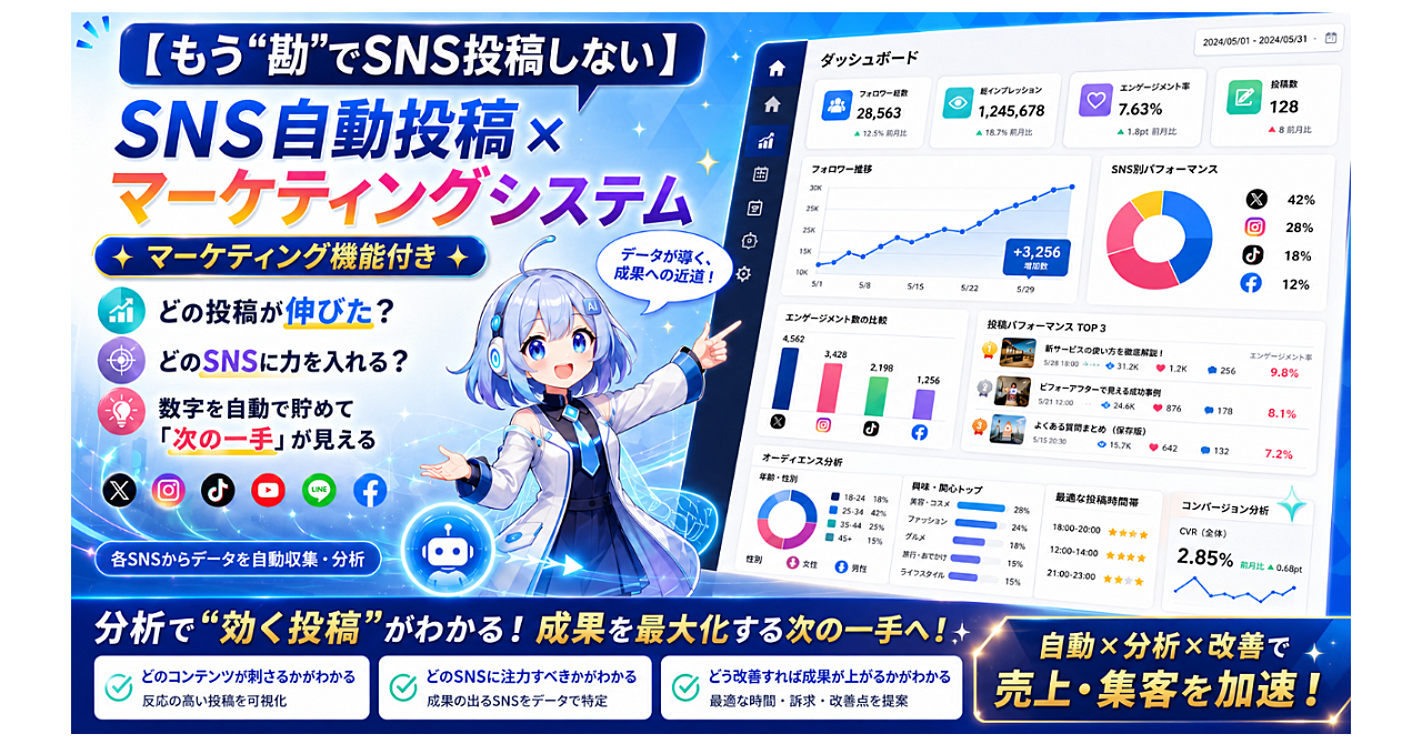 【もう“勘”でSNS投稿しない】どの投稿が伸びた?どのSNSに力を入れる?数字を自動で貯めて「次の一手」が見えるSNS自動投稿システムのアイキャッチ画像