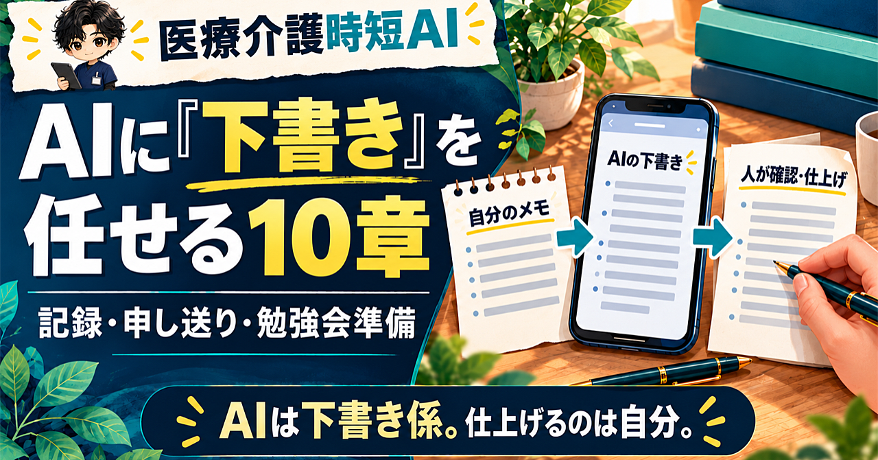 医療介護時短AI|音声メモとコピペで、記録・添書・勉強会の下書きをつくる10章のアイキャッチ画像