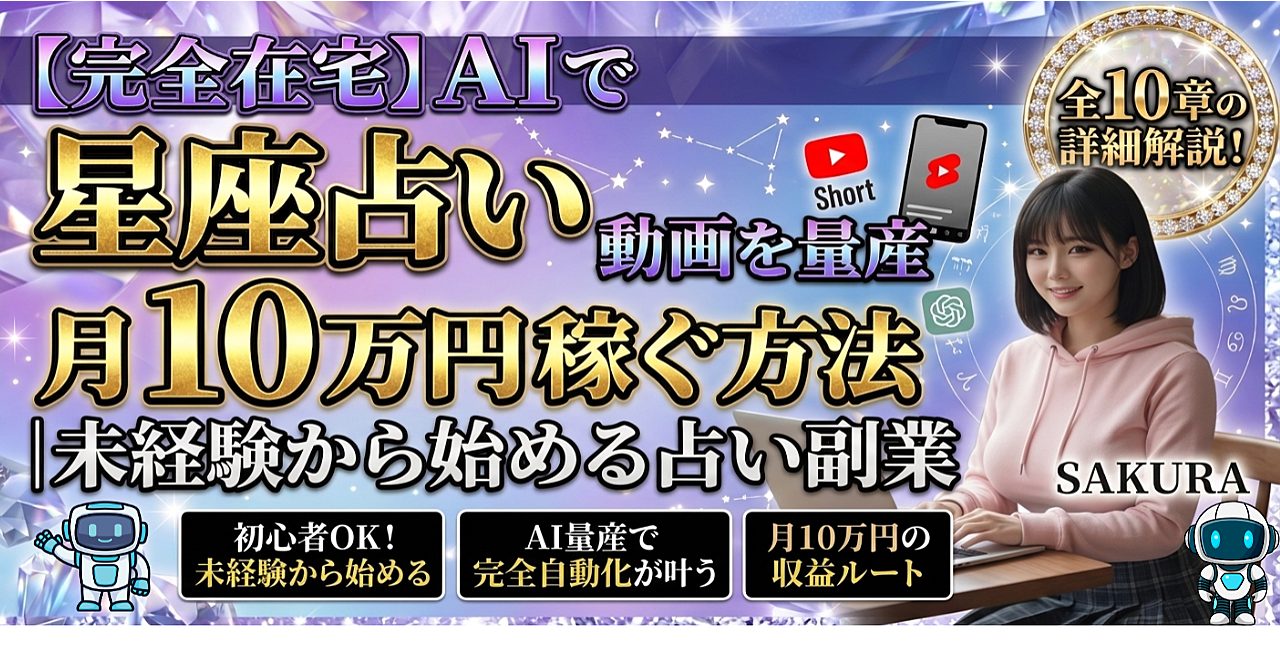 【完全在宅】【80,000文字以上】AIで星座占い動画を量産して月10万円稼ぐ方法｜未経験から始める占い副業