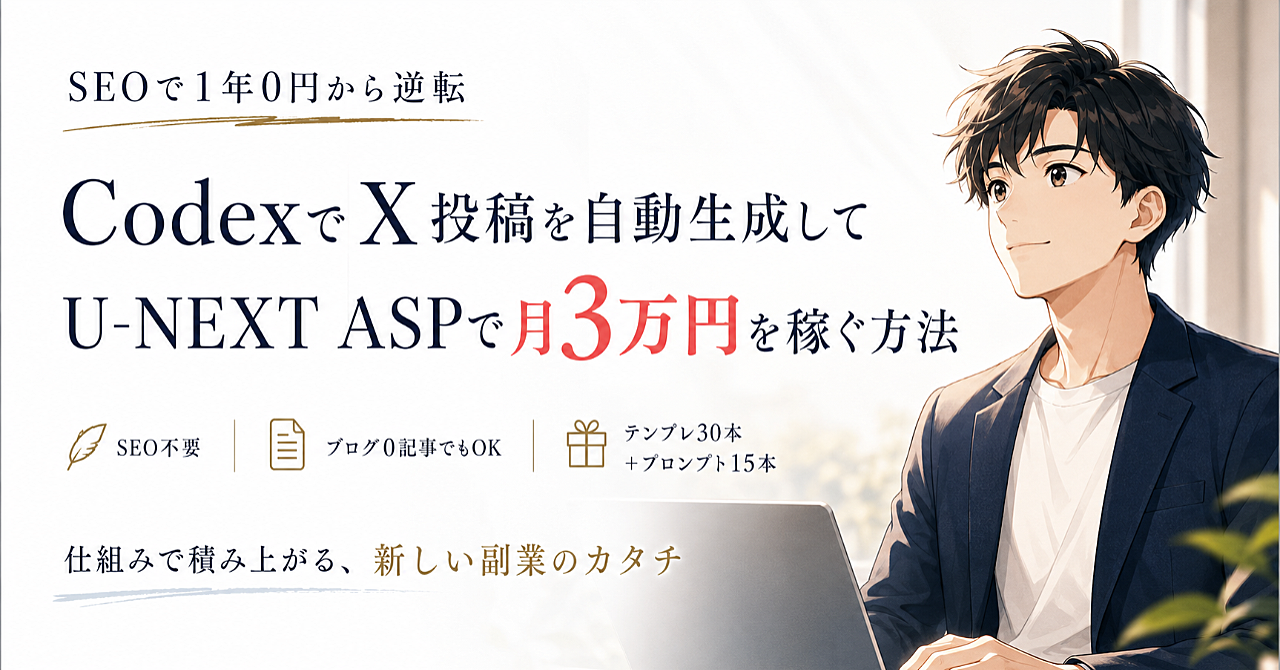 CodexでX投稿を自動生成してU-NEXT ASP月3万円を稼ぐ設計図〜テンプレ30本+プロンプト15本付き。ブログ0記事でも動く仕組み〜