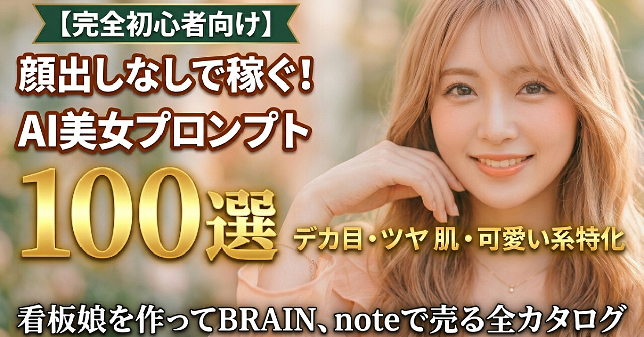 顔出し不要で稼ぐ　AI美女プロンプト100選｜大きい目・艶肌・可愛い系に特化｜完全初心者が看板娘を作ってnoteで売るまでの完全カタログ