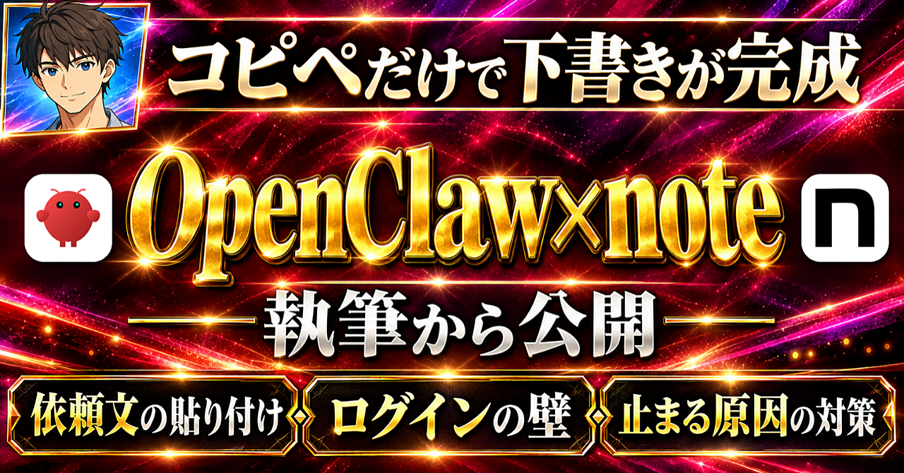【note運営をもっとラクに】OpenClawで「記事テーマ→公開済みのnote記事」|執筆から公開まで3プロンプトで一気通貫|実践ノウハウ大公開のアイキャッチ画像