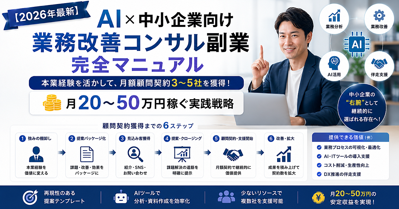 【2026年最新】AI×中小企業向け業務改善コンサル副業完全マニュアル｜本業経験を活かして月額顧問契約3〜5社を獲得し月20〜50万円稼ぐ実践戦略