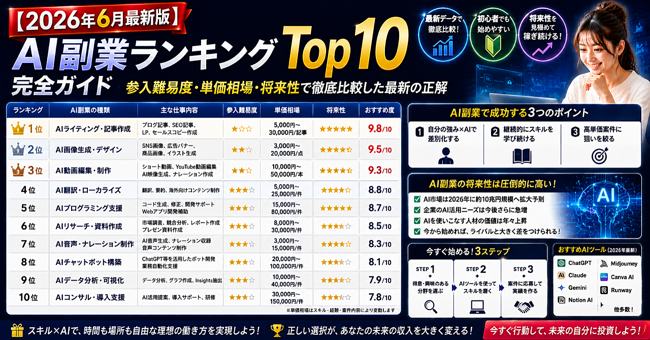 【2026年6月最新版】AI副業ランキングTop10完全ガイド|参入難易度・単価相場・将来性で徹底比較した最新の正解のアイキャッチ画像