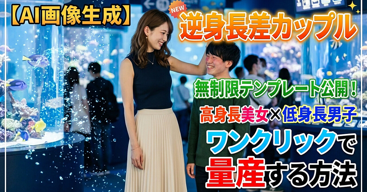【AI画像生成】逆身長差カップルプロンプト無限生成テンプレを公開！｜高身長美女×小柄男性の逆身長差シーンをワンクリックで量産する方法