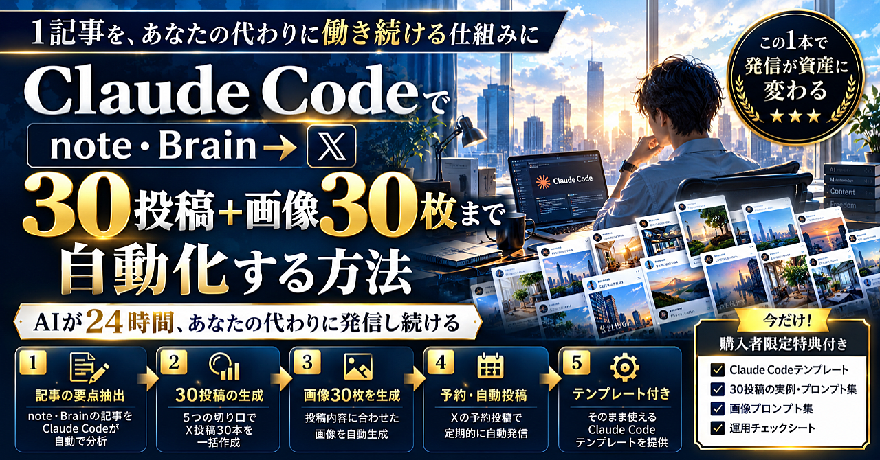 【1記事を30回働かせる】Claude Codeでnote・Brain→X30投稿+画像30枚まで自動化する方法のアイキャッチ画像