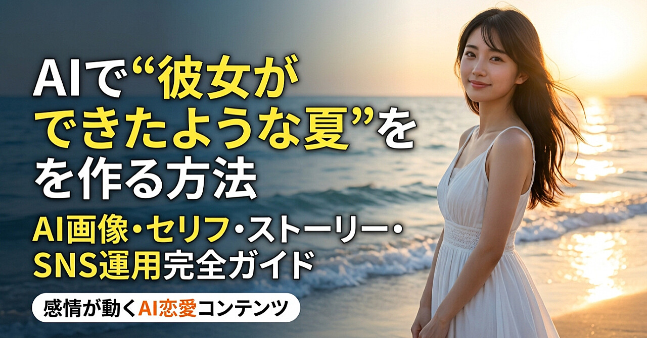AIで「彼女ができたような夏」を作る方法
AI画像・セリフ・ストーリー・SNS運用完全ガイド
夏限定で