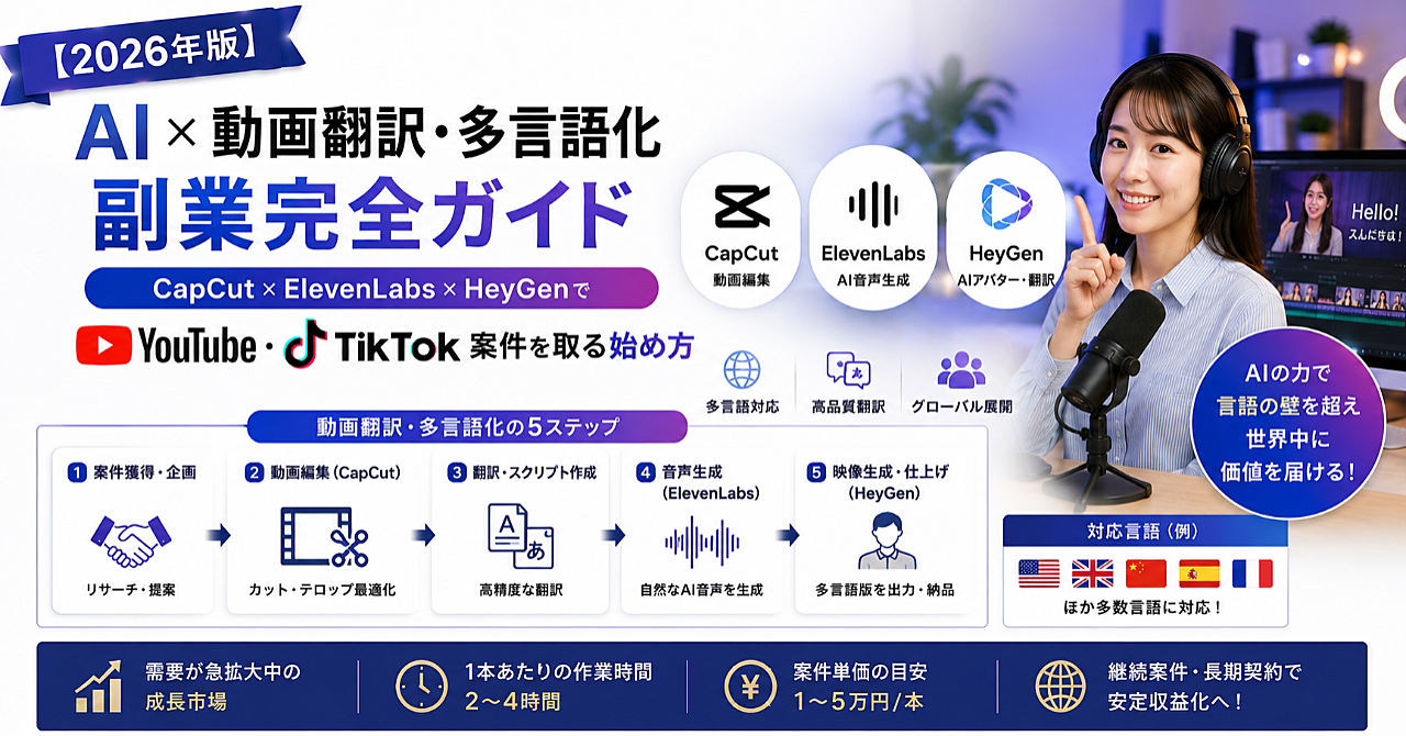 【2026年版】AI×動画翻訳・多言語化副業完全ガイド｜CapCut×ElevenLabs×HeyGenでYouTube・TikTok案件を取る始め方