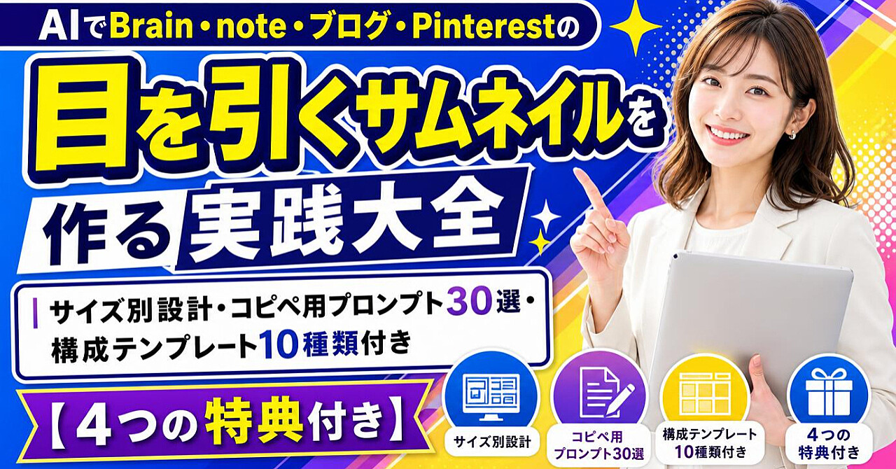 【クリック率を狙う】AIでBrain・note・ブログ・Pinterestの目を引くサムネイルを作る実践大全|サイズ別設計・コピペ用プロンプト30選・構成テンプレート10種類付き【4つの特典付き】のアイキャッチ画像