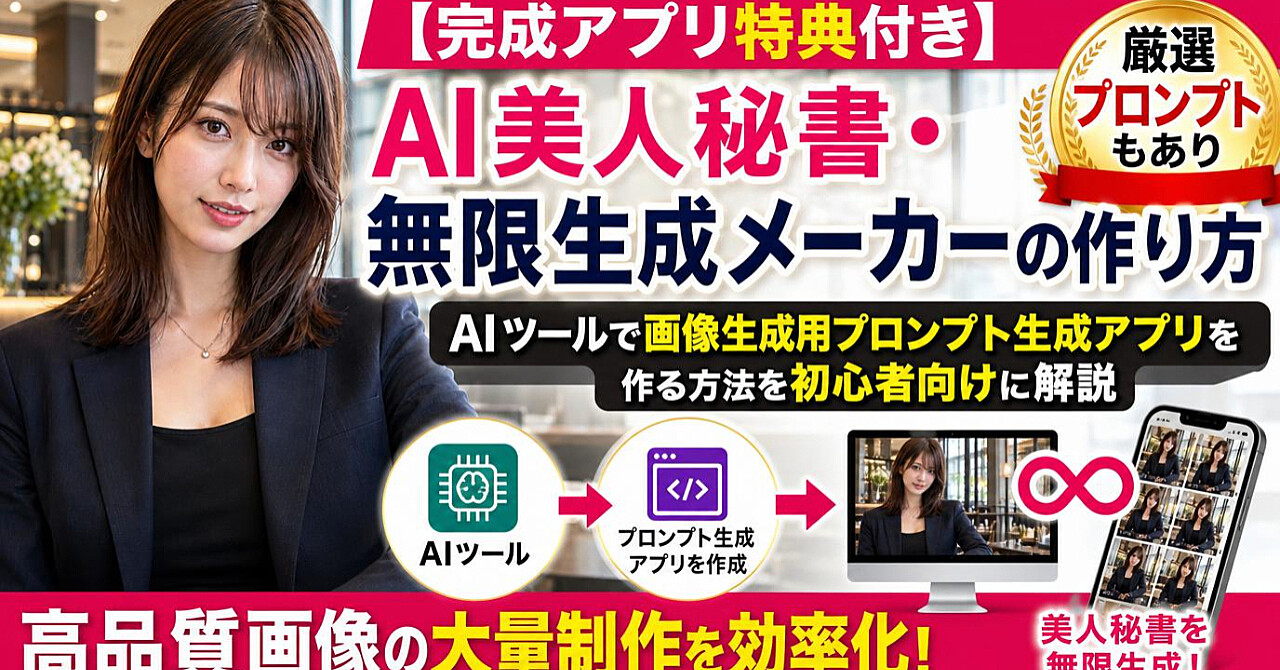 【完成アプリ特典付き】AI美人秘書・無限生成メーカーの作り方|AIツールでプロンプト生成アプリを作る方法を初心者向けに解説 厳選プロンプトもあり【高品質画像の大量制作を効率化】のアイキャッチ画像