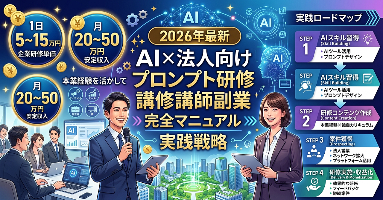 【2026年最新】AI×法人向けプロンプト研修講師副業完全マニュアル｜本業経験を活かして1日5〜15万円の企業研修案件を獲得し月20〜50万円稼ぐ実践戦略