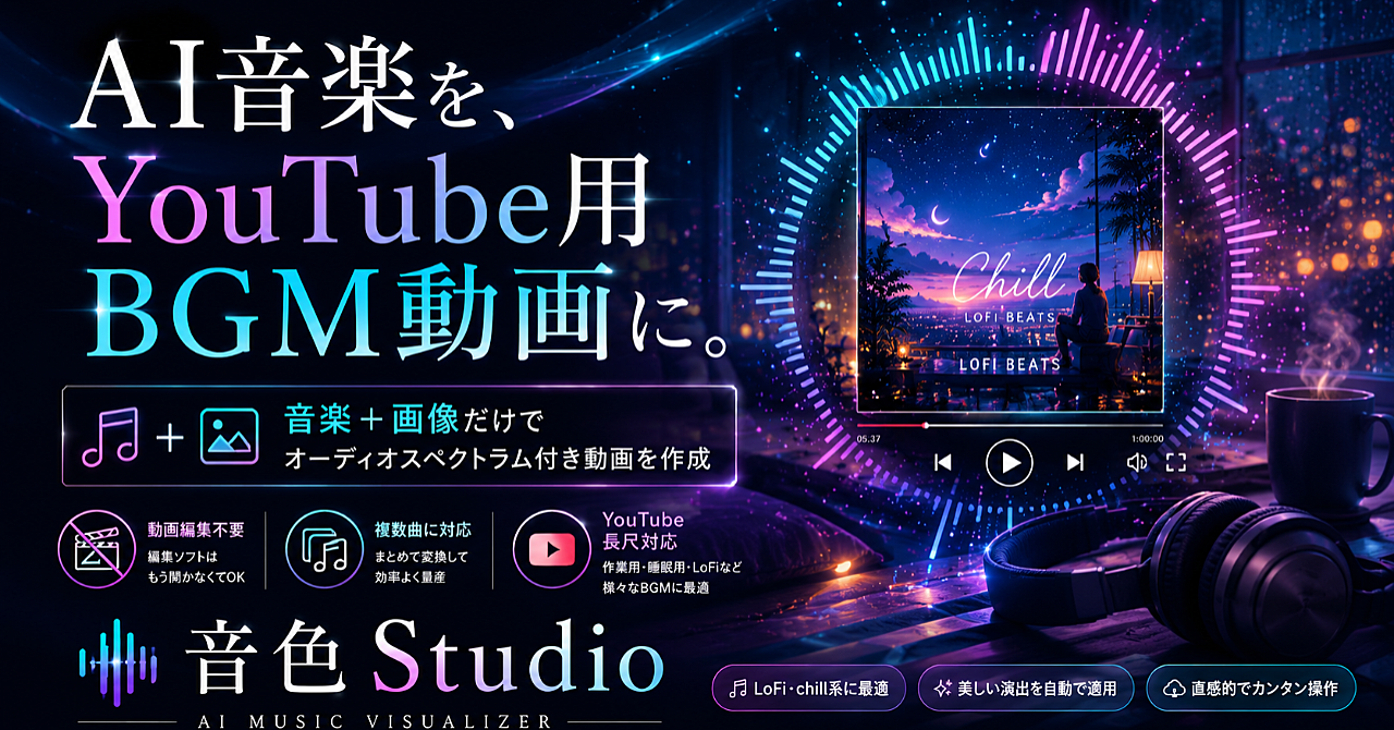 【動画編集不要】AI音楽と画像を入れるだけ。YouTube用BGM動画を自動生成する「音色Studio」