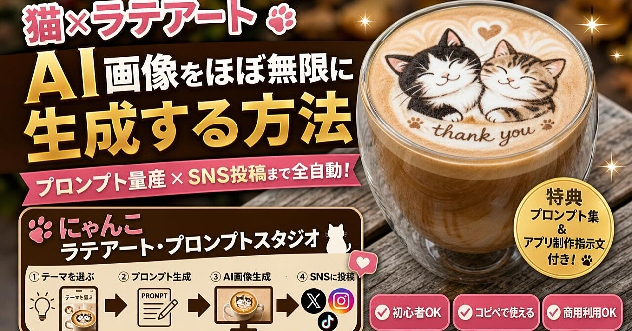 こんな猫×ラテアートAI画像が生成できるプロンプトをほぼ無限に量産する方法|SNS投稿まで一気に作れる『にゃんこラテアート・プロンプトスタジオ』付き【特典・アプリ&アプリ制作した指示文付き】のアイキャッチ画像