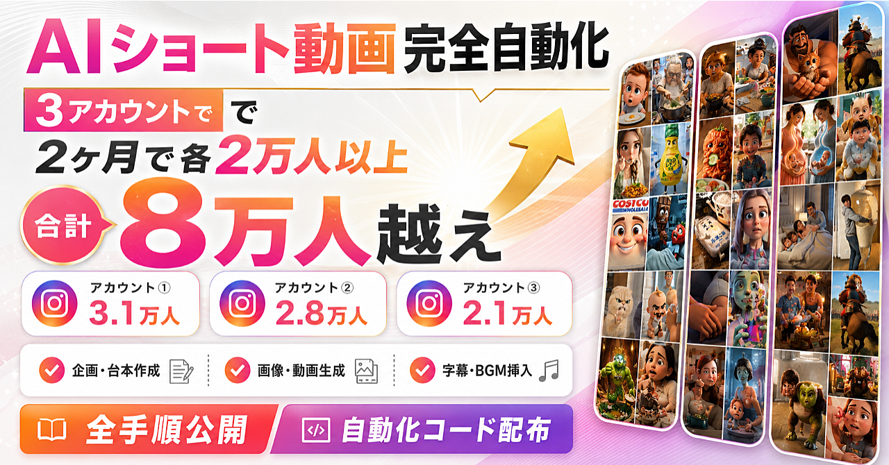 【1日5分運用】AIショート動画自動化で2ヶ月総フォロワー8万人超えした全手順公開【自動化コード配布】