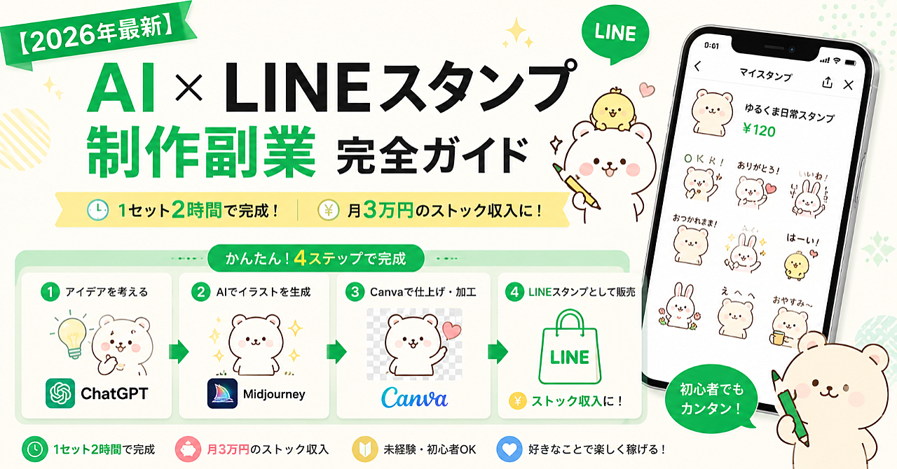 【2026年最新】AI×LINEスタンプ制作副業完全ガイド｜ChatGPT・Midjourney・Canvaで1セット2時間、月3万円のストック収入を作る始め方