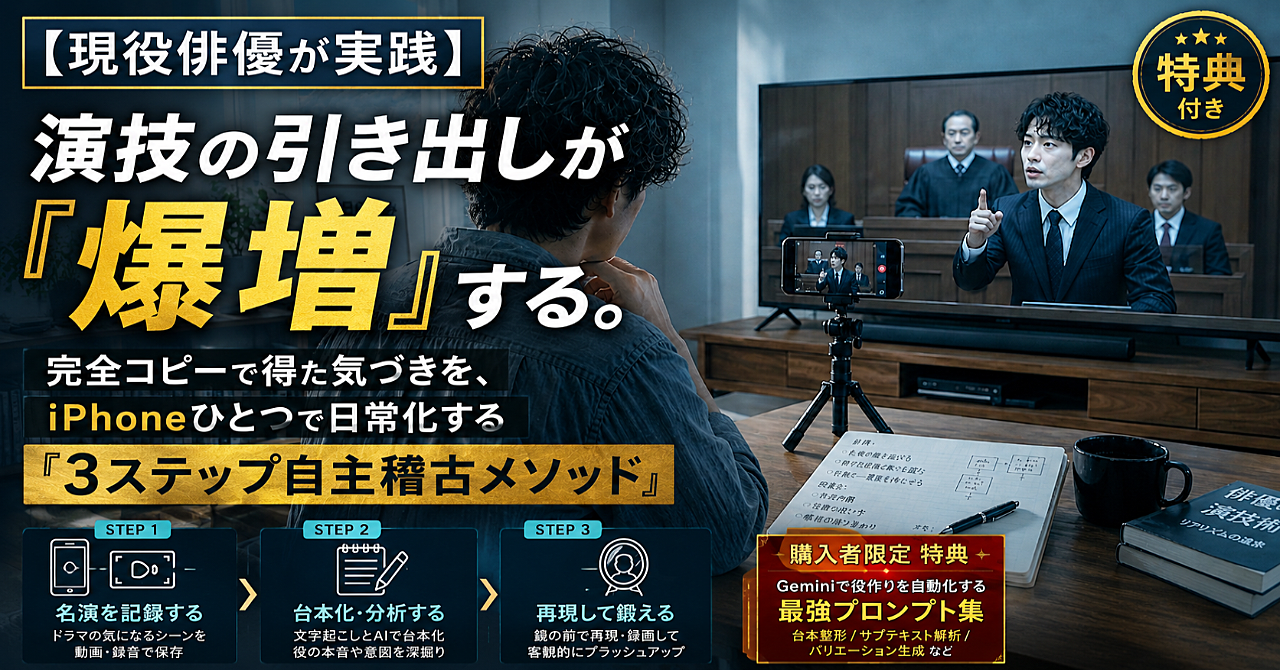 【現役俳優が実践】演技の引き出しが『爆増』する。完全コピーで得た気づきを、iPhoneひとつで日常化する『3ステップ自主稽古メソッド』特典付き