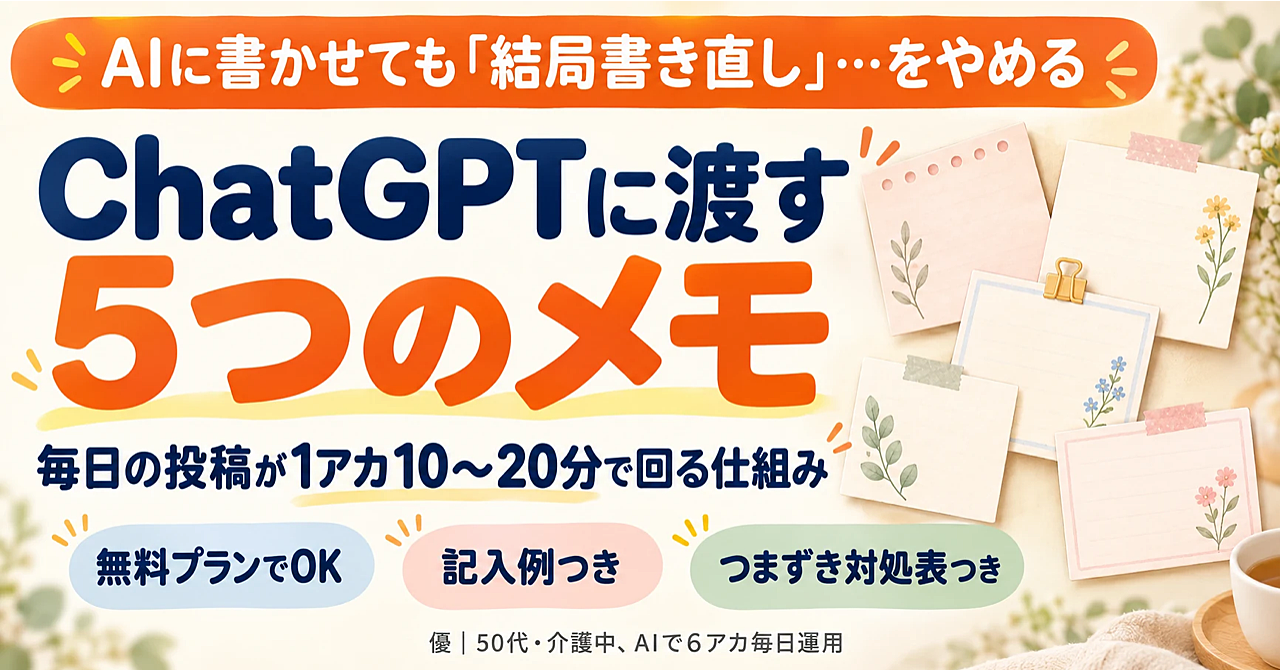 AIに書かせても結局書き直し、をやめる。ChatGPTに渡す5つのメモで、毎日の投稿が1アカ10〜20分で回る仕組みのアイキャッチ画像