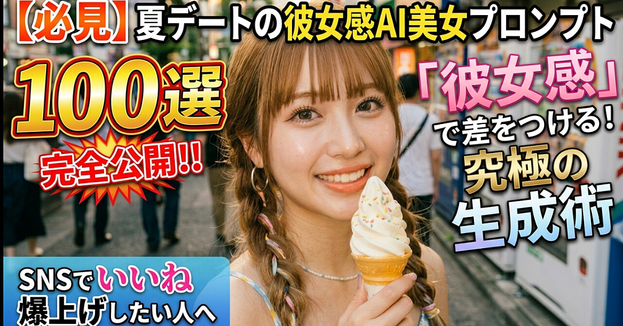 【保存版】彼女風AI女性×夏デート100プロンプト完全公開！！/“彼女感”で差がつく最強生成テク/SNSでいいね量産したい人へ