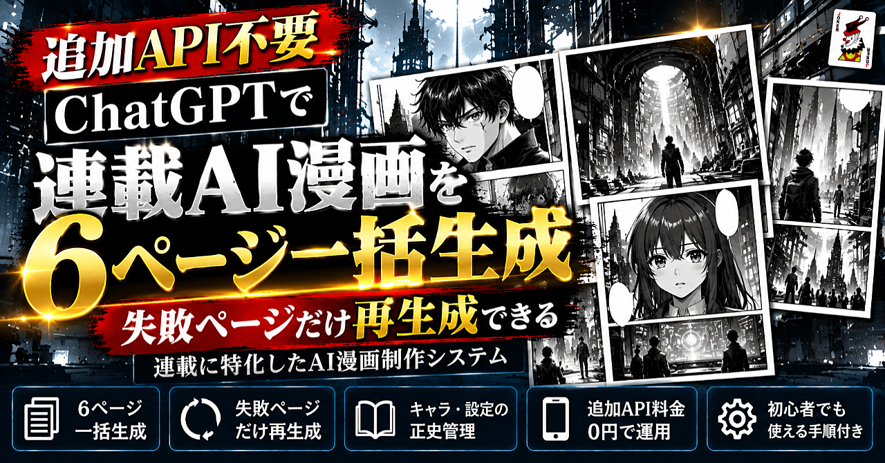 【追加API不要】連載AI漫画を6ページ一括生成|キャラ管理・正史保存・失敗ページだけ再生成「COLLAGE V4」のアイキャッチ画像
