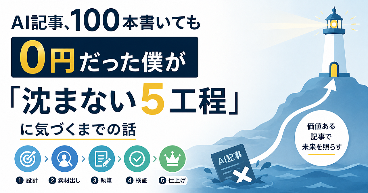 AI記事、100本書いても0円だった僕が「沈まない5工程」に気づくまで