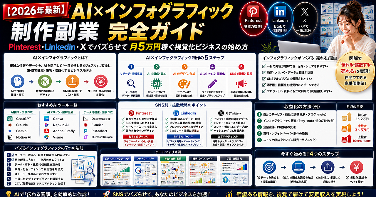【2026年最新】AI×インフォグラフィック制作副業完全ガイド｜Pinterest・LinkedIn・Xでバズらせて月5万円稼ぐ視覚化ビジネスの始め方