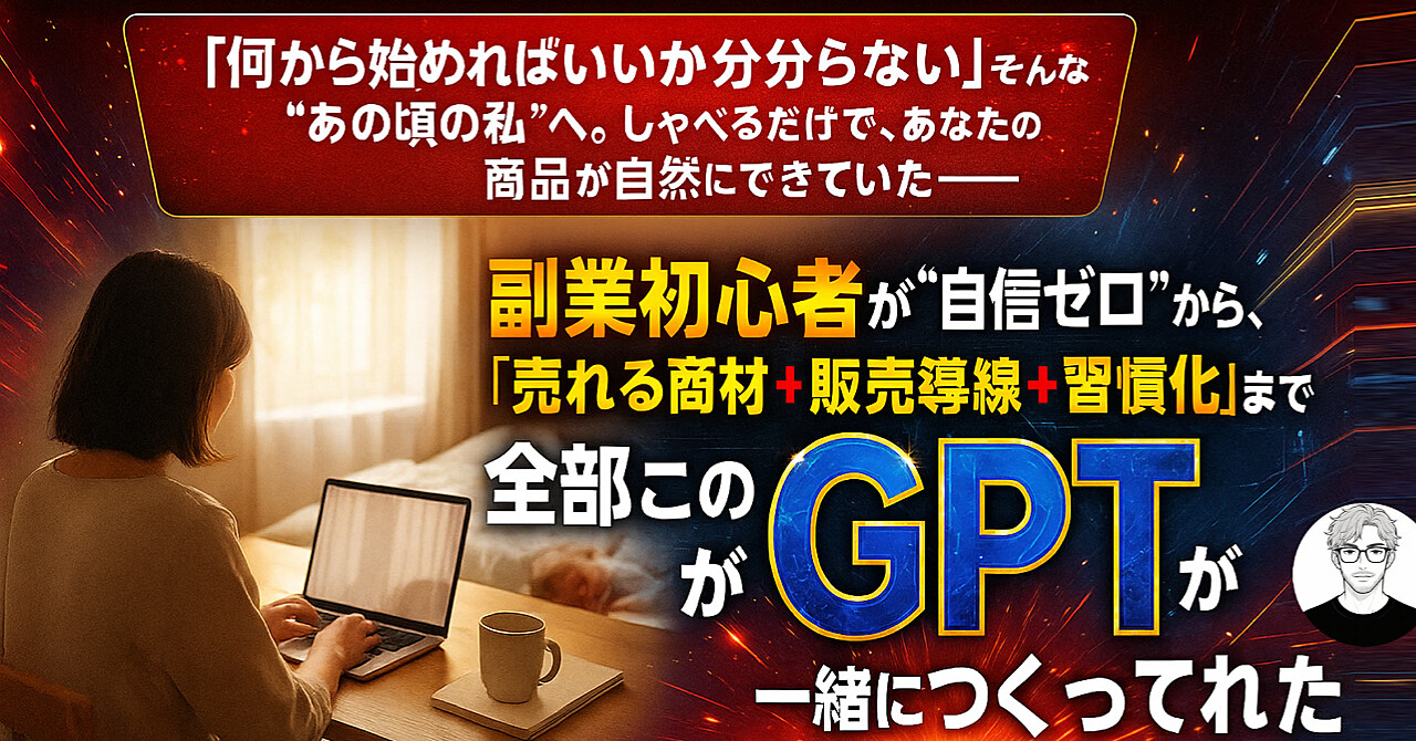 「しゃべるだけで、売れる商品ができていた。」私が、最初の一歩を踏み出せたのは、“副業ゼロイチ商材化GPTs”があったから。