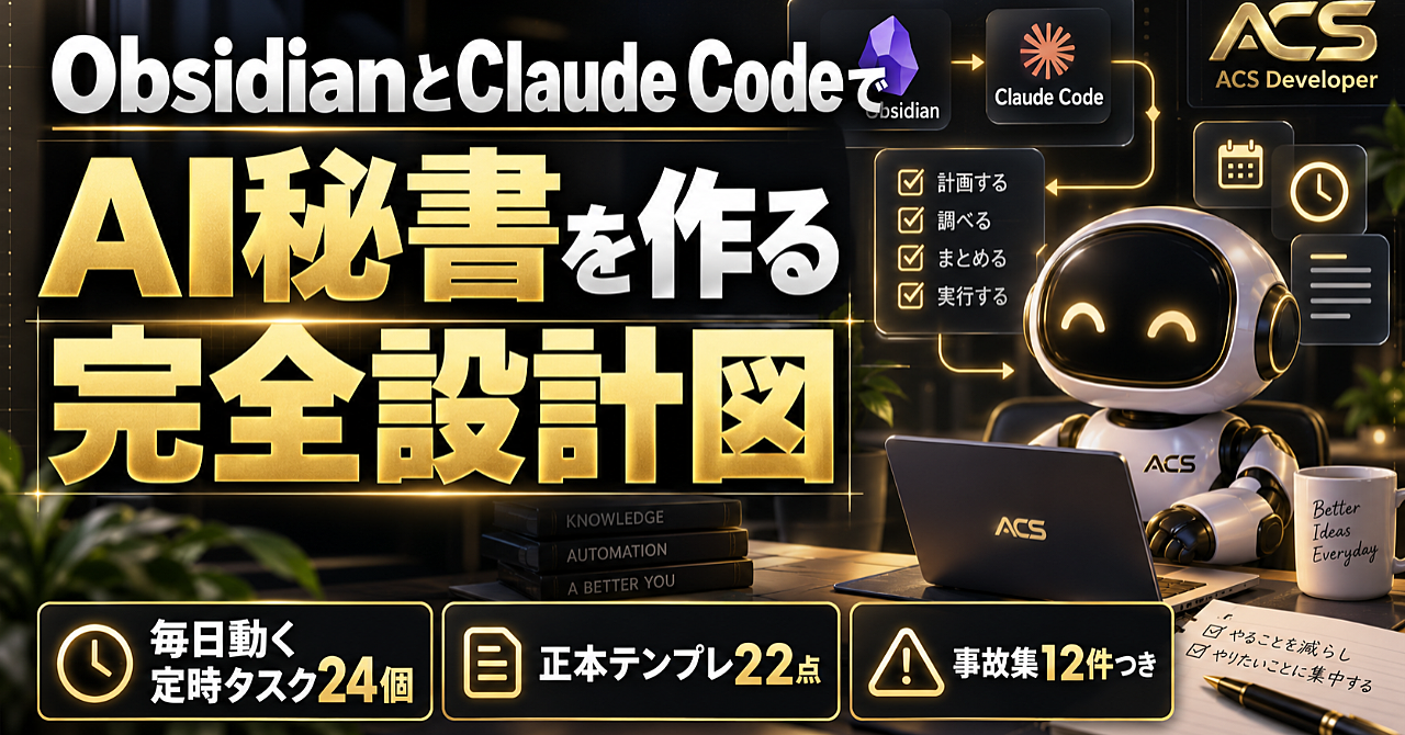 ObsidianとClaude CodeでAI秘書を作る完全設計図|フォルダ10枚から毎日動く定時タスク24個までを組み上げる全手順【正本テンプレ22点・事故集12件つき】のアイキャッチ画像