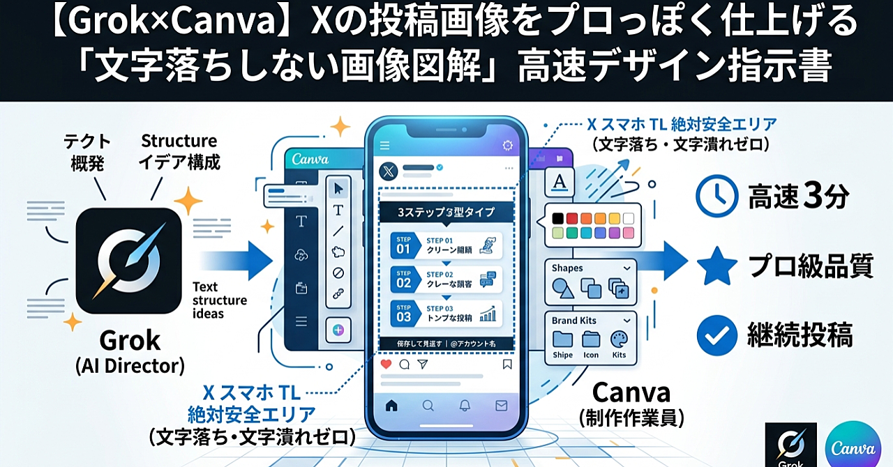 【Grok×Canva】Xの投稿画像をプロっぽく仕上げる「文字落ちしない画像図解」高速デザイン指示書のアイキャッチ画像