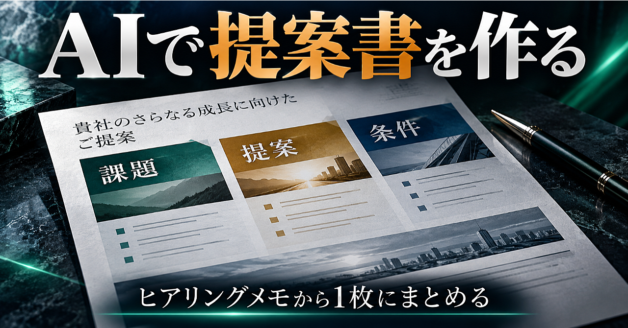 【AIで提案書を1枚にまとめる】ヒアリングメモから「内容・金額・次の一歩」が伝わる資料を作る方法のアイキャッチ画像
