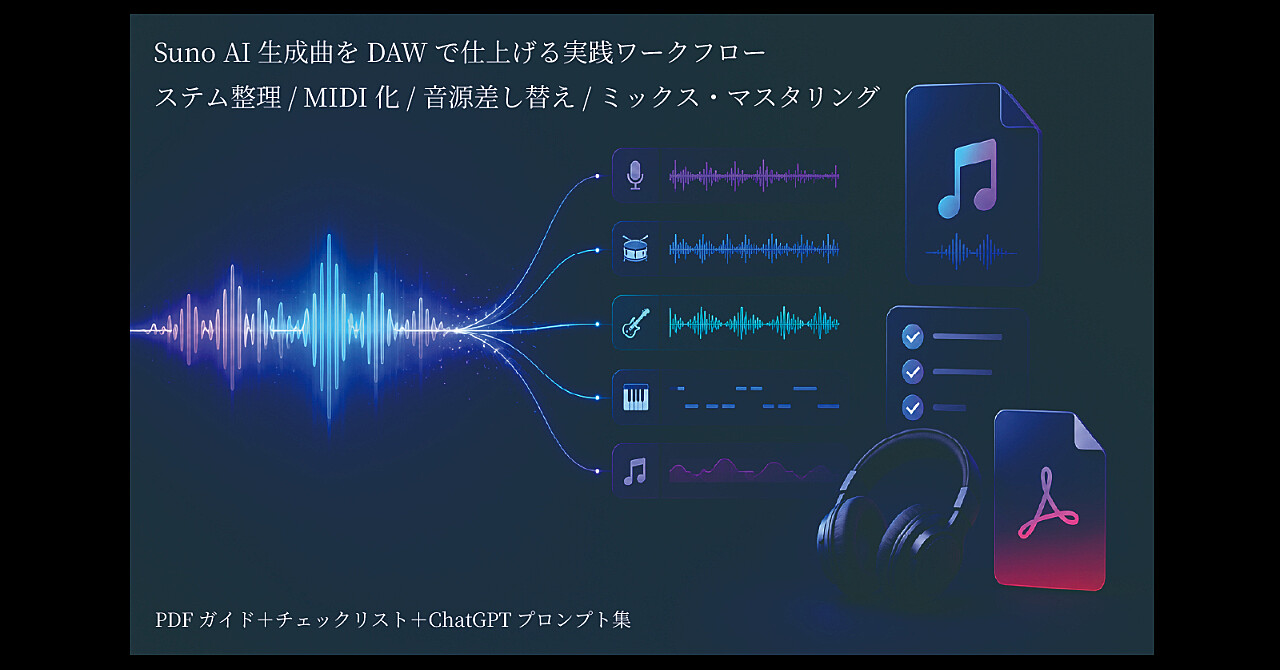 Suno AI生成曲をDAWで仕上げる実践ワークフロー ｜ ステム整理・MIDI化・音源差し替え・ミックス/マスタリングまで