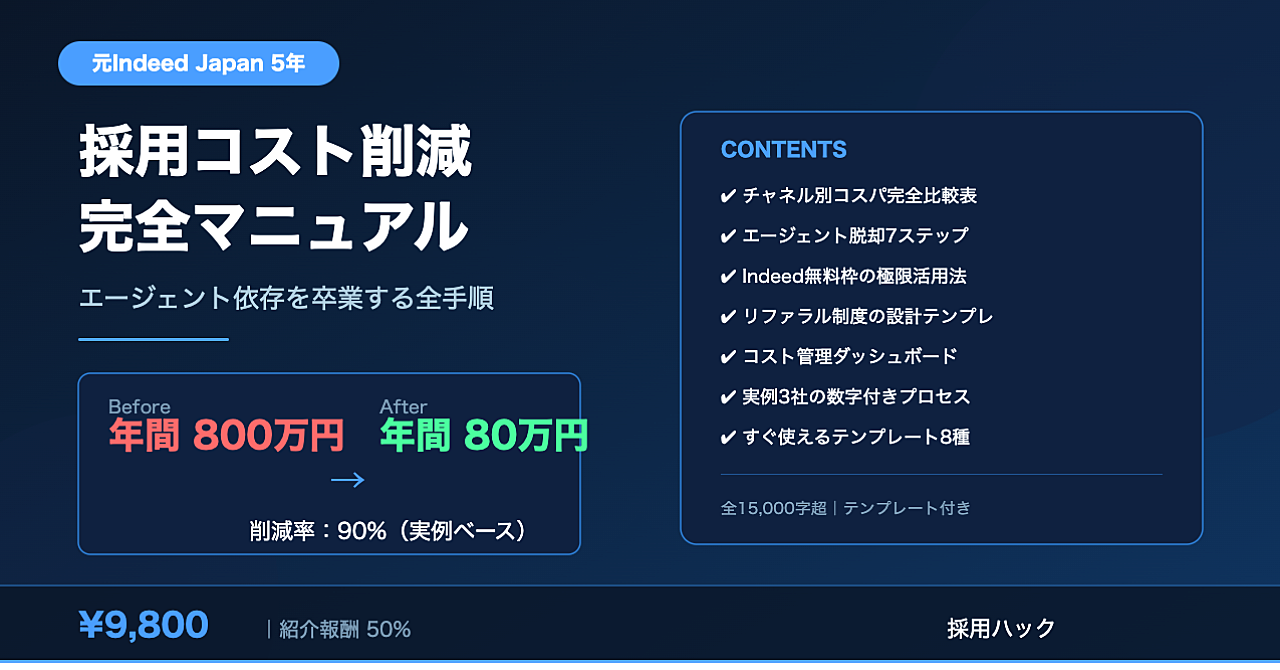 【年間500万削減の実例付き】元Indeed社員が教える「採用コスト1/10マニュアル」｜エージェント依存を卒業する全手順