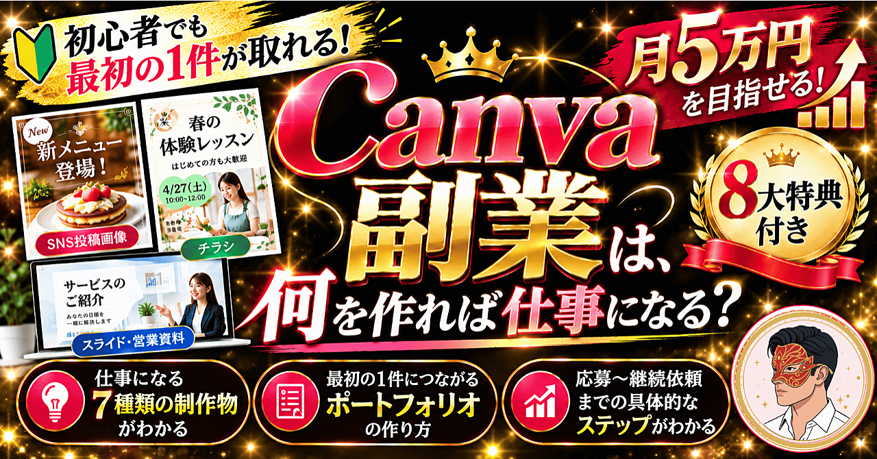 【未経験から月5万円を目指す!】Canva副業の始め方|仕事選び・作品づくり・応募まで「最初の1件」につなげる実践ガイドのアイキャッチ画像