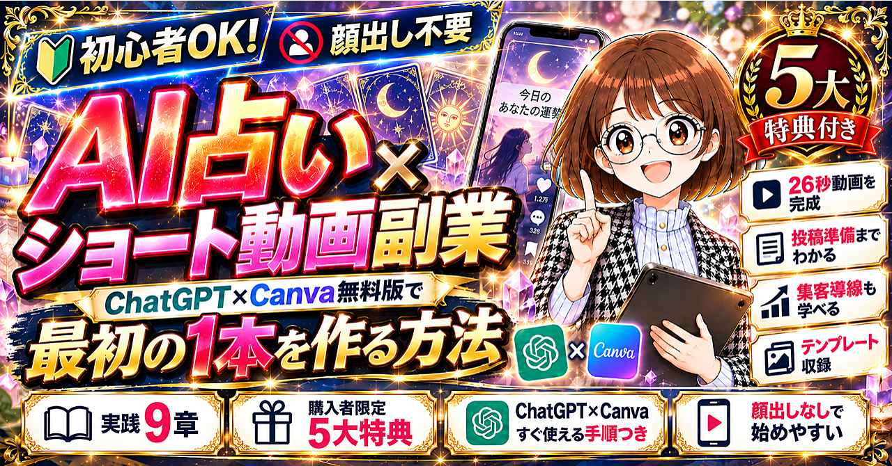 【初心者向け】AI占い×ショート動画副業|ChatGPT×Canva無料版で最初の1本を作る方法【顔出し不要・5大特典付き】のアイキャッチ画像