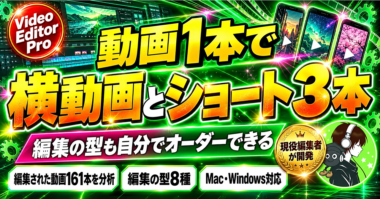 動画1本で横動画とショート3本が完成!どんな型で編集するかも自分でオーダーできるAI動画編集エージェント「Video Editor Pro」のアイキャッチ画像