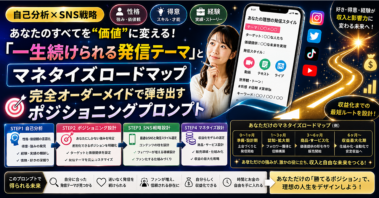 【自己分析×SNS戦略】あなたの性格・得意・経験から「一生続けられる発信テーマ」とマネタイズロードマップを完全オーダーメイドで弾き出すポジショニングプロンプト