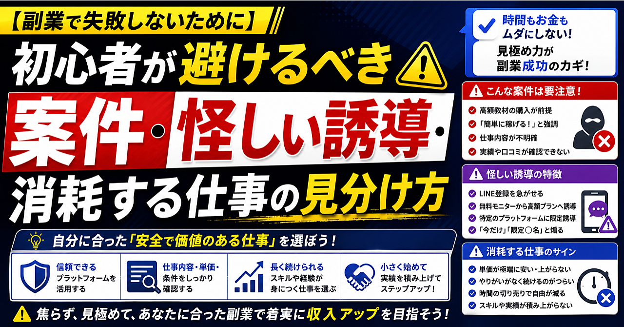 【副業で失敗しないために】初心者が避けるべき案件・怪しい誘導・消耗する仕事の見分け方