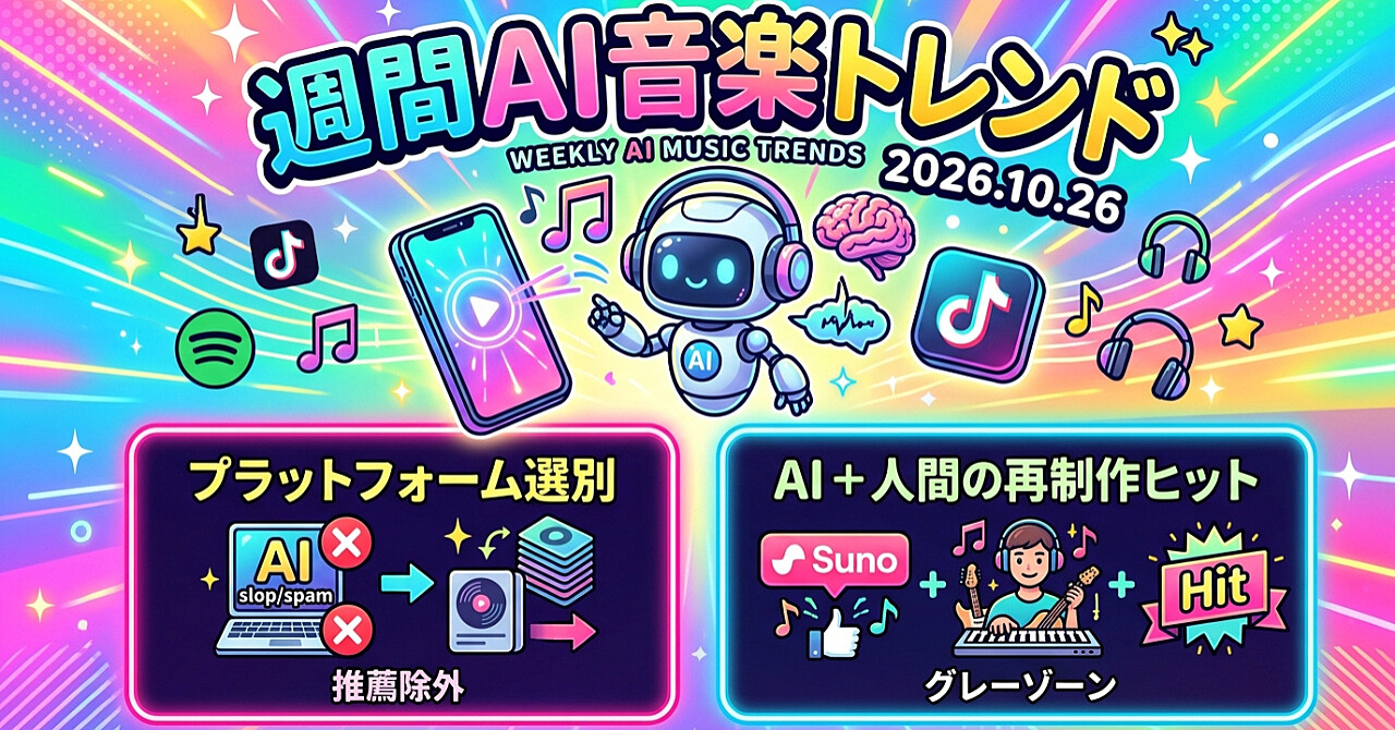 週間AI音楽トレンド|今、バズる・ウケている音楽生成AIの曲とアーティスト(基準日:2026年10月26日)のアイキャッチ画像