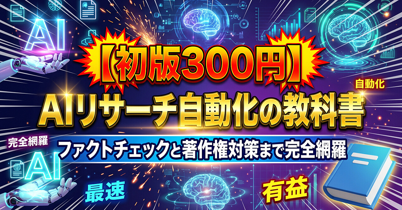 【初版300円】AIリサーチ自動化の教科書|ファクトチェックと著作権対策まで完全網羅のアイキャッチ画像