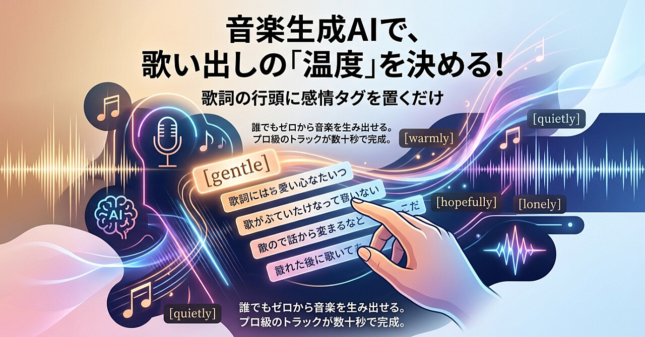 Udioで歌い出しの温度を決める|歌詞の行頭に置く感情タグの使い方のアイキャッチ画像